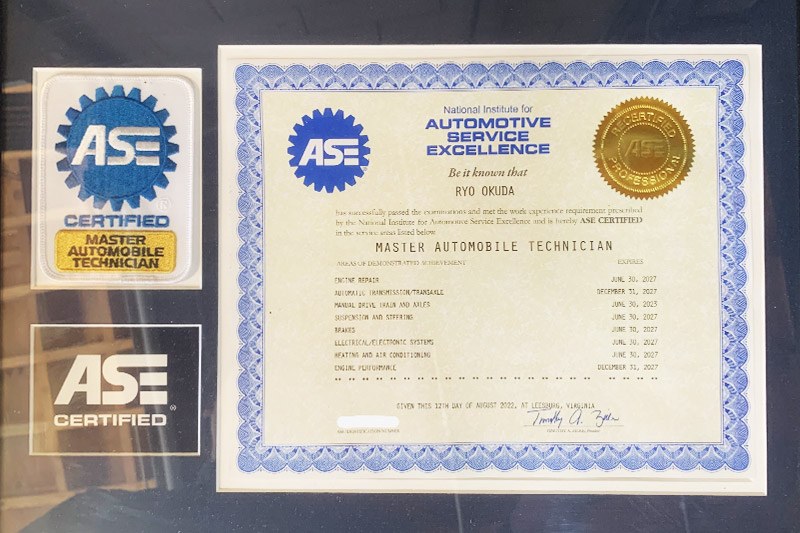 ASE Master Automobile Technician certificate issued to Ryo Okuda, with ASE Certified patches