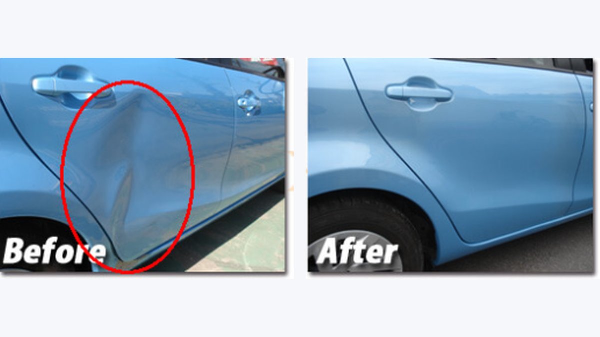 Dent repair before and after on a blue Toyota