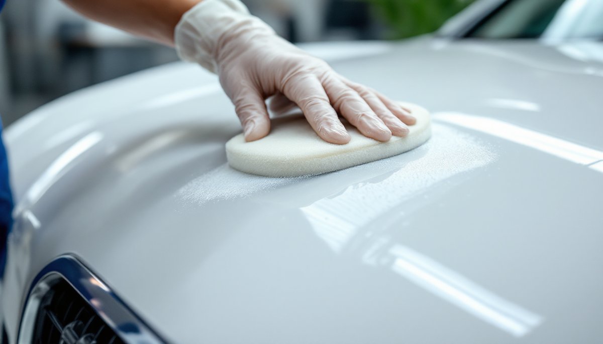 Illustrative image (AI-generated): applying paint coating to a white hood