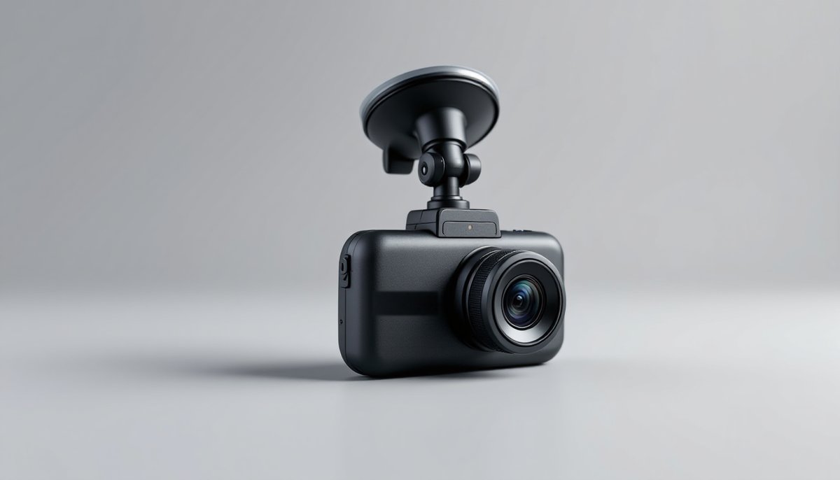 Illustrative image (AI-generated): a dash camera with its windshield mount, lens facing forward