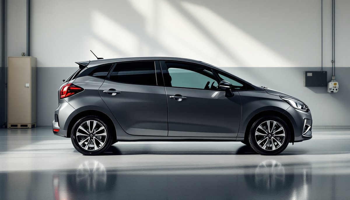 Illustrative image (AI-generated): hatchback with tinted rear windows in a service bay
