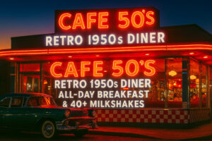 Cafe 50’s Los Angeles Retro 1950s Diner on Santa Monica Blvd for All-Day Breakfast & 40+ Milkshakes