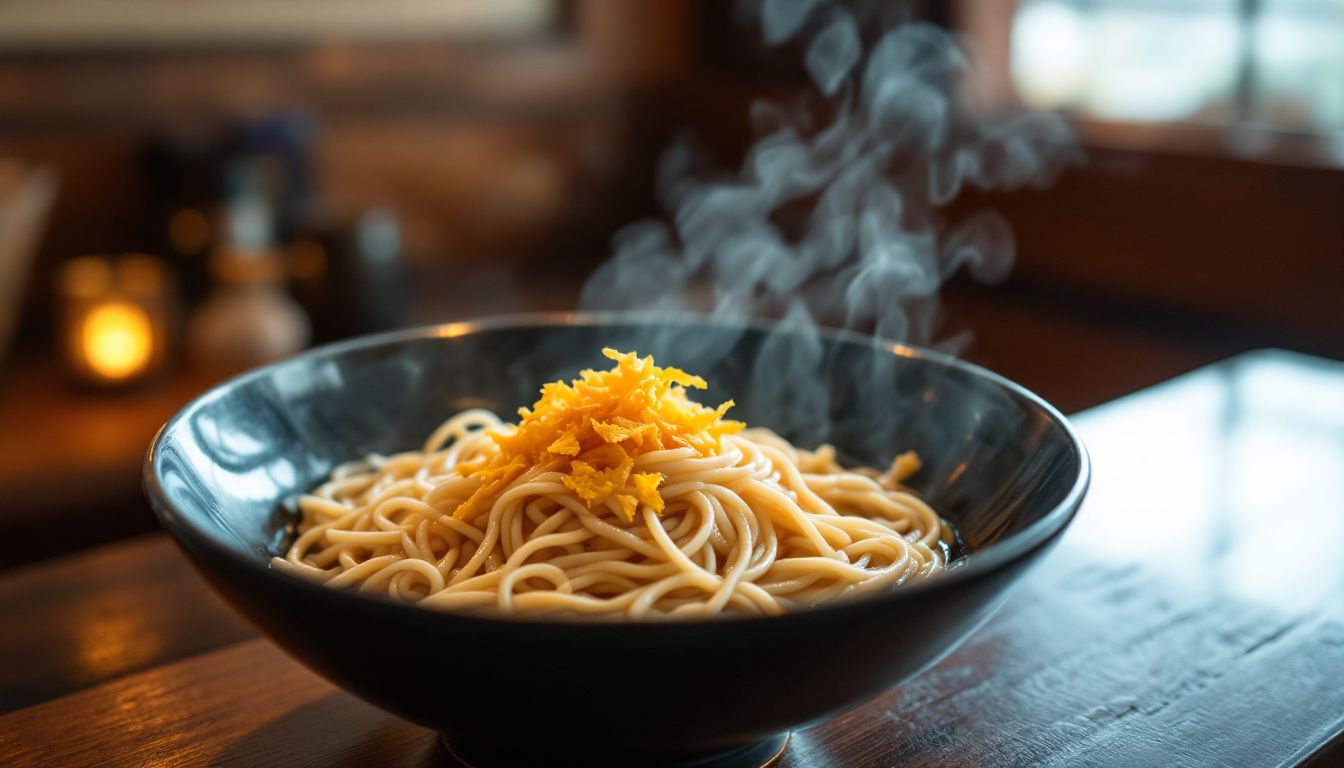 Bowl of hot udon noodles with tempura flakes on a wooden table