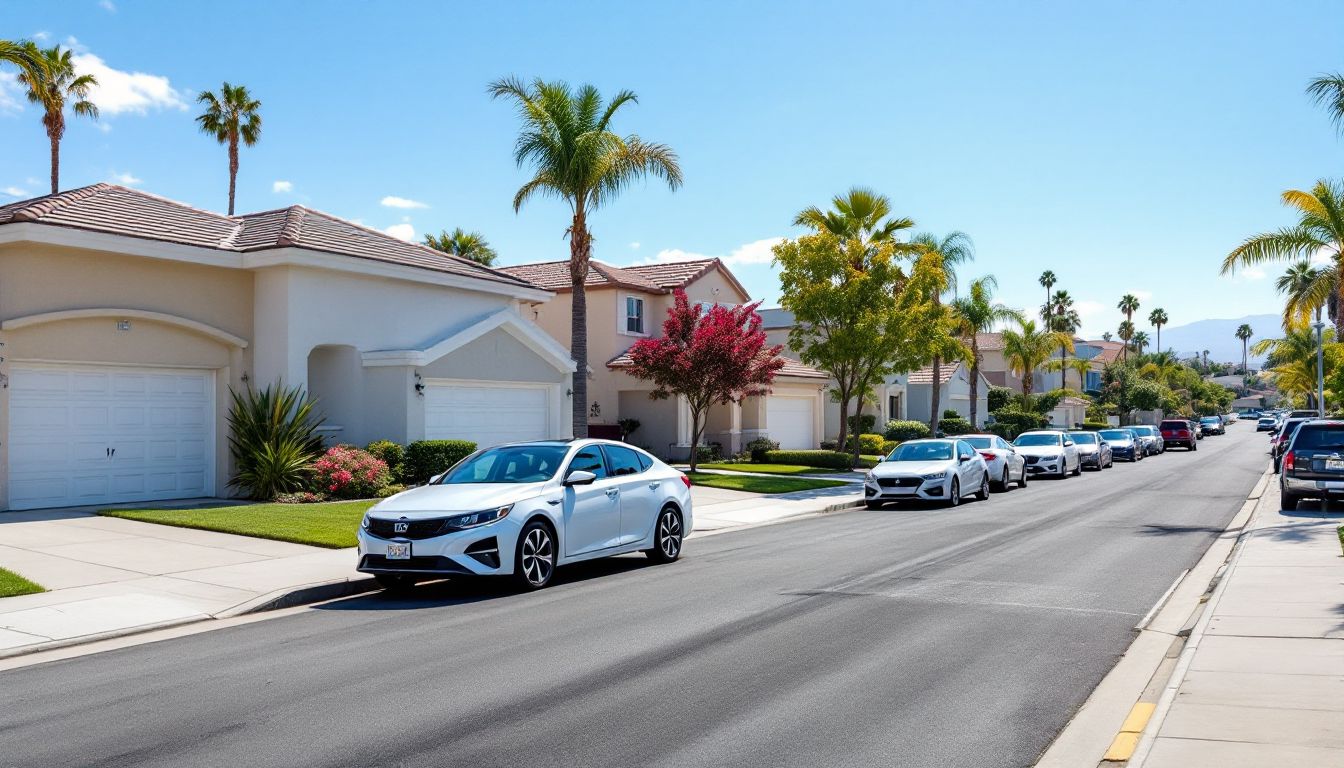 Suburban California neighborhood with parked cars and palm trees on a sunny day