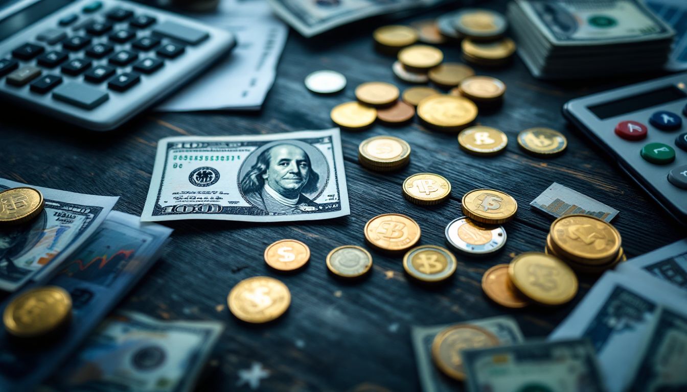 US dollar bills and coins on a desk with calculator and bills