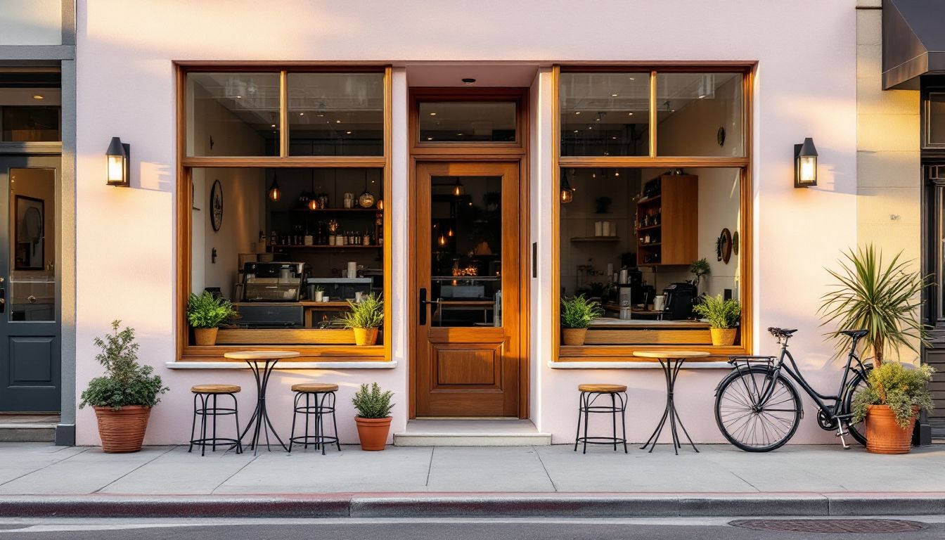 Pale pink cafe exterior with warm wooden door