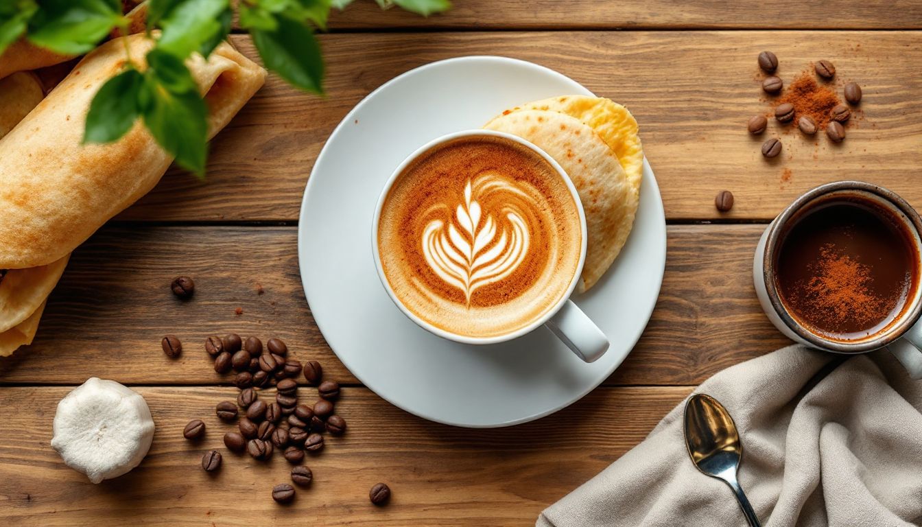 Cappuccino with latte art alongside an arepa and coffee beans