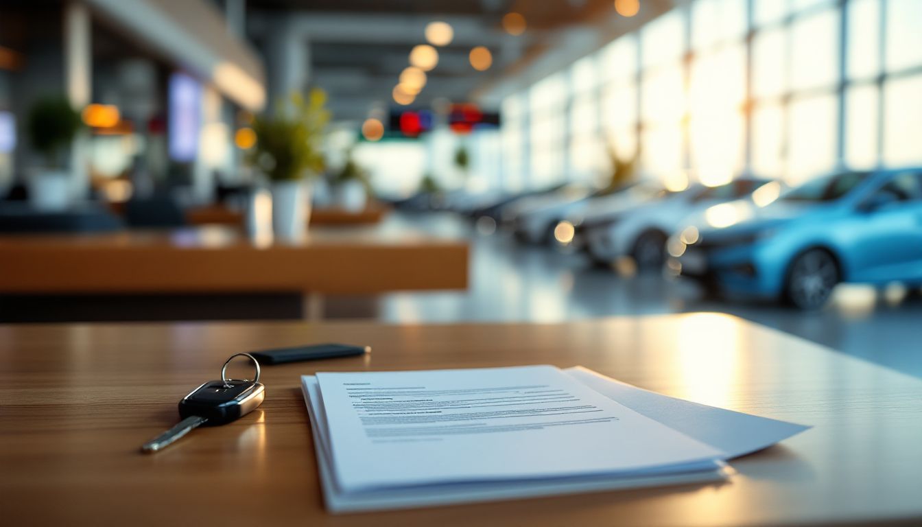 Modern rental car center counter with keys and rental agreement