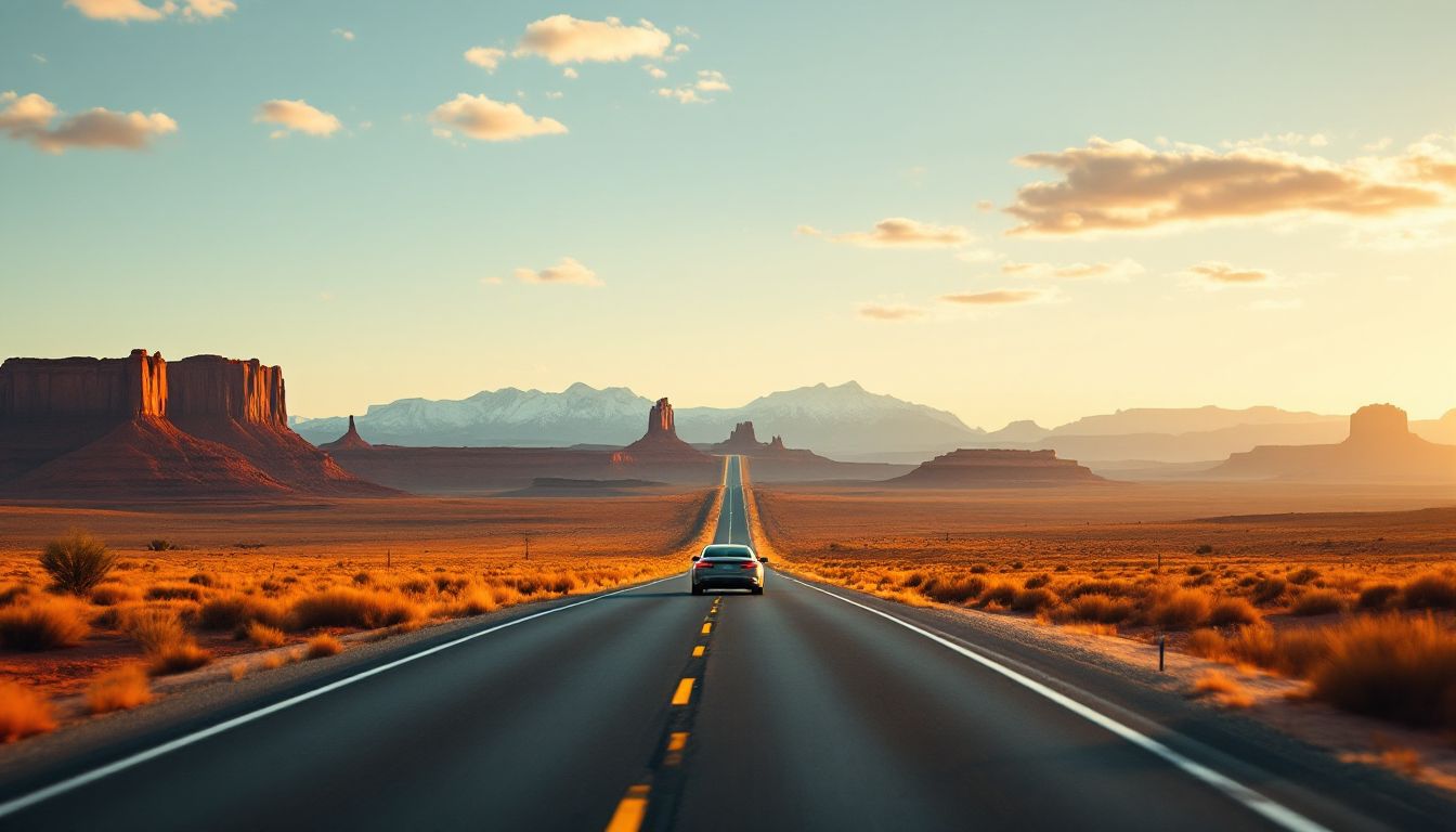 Open highway through the American Southwest at golden hour