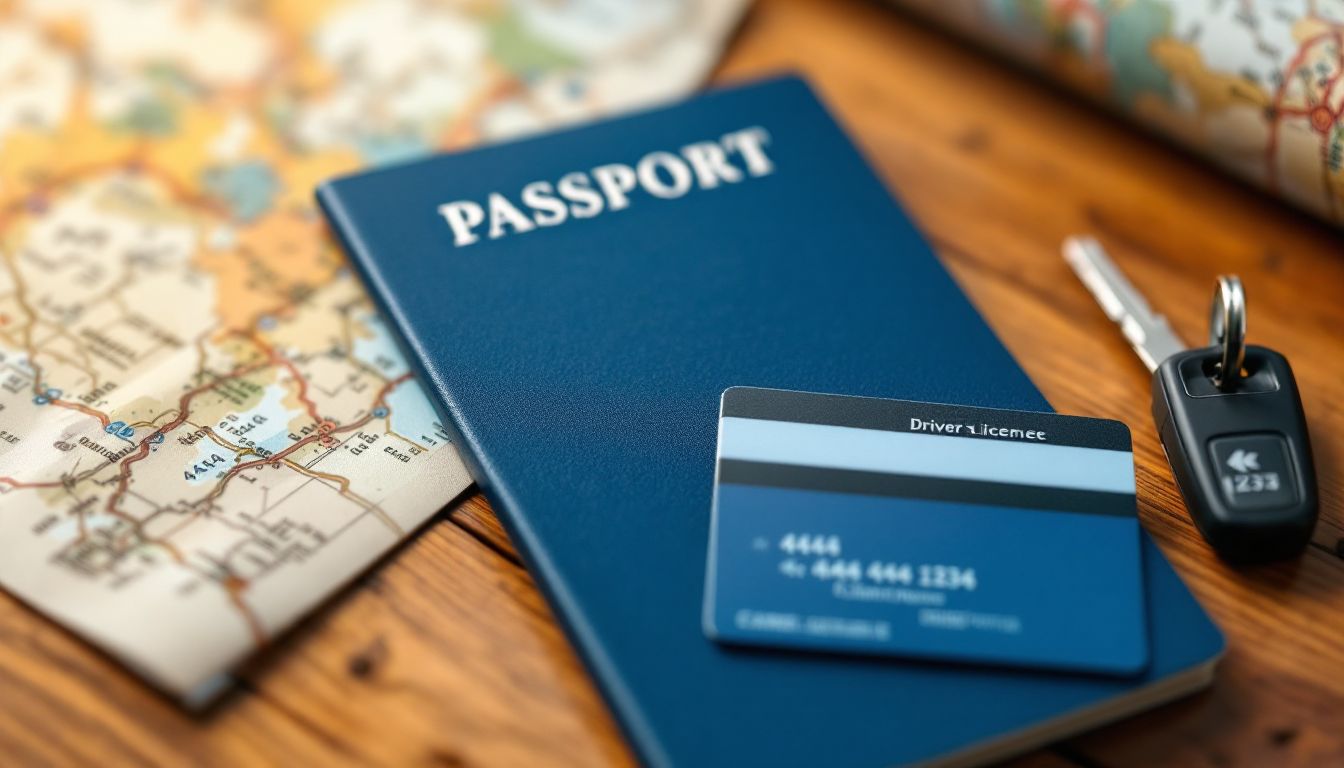 Passport, driver's license, credit card and keys on a wooden surface