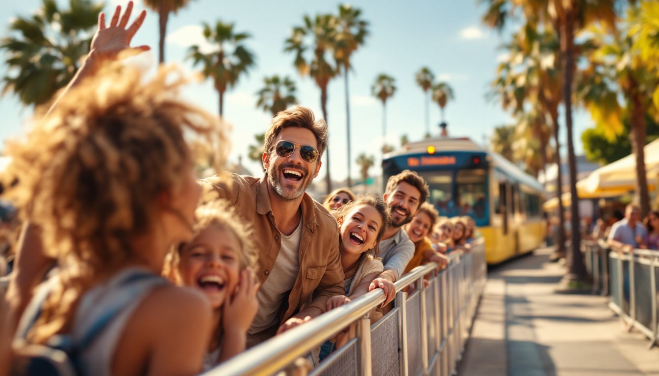 Guests boarding the open-air studio tour tram