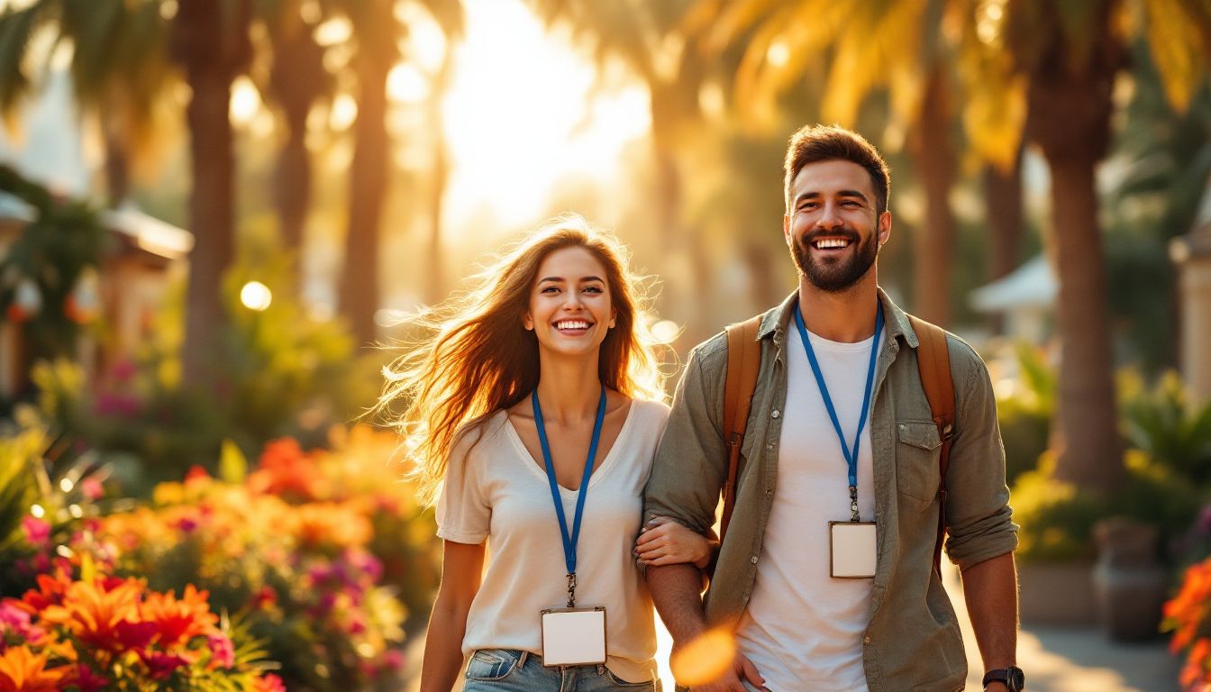 Couple enjoying a sunny Southern California theme park