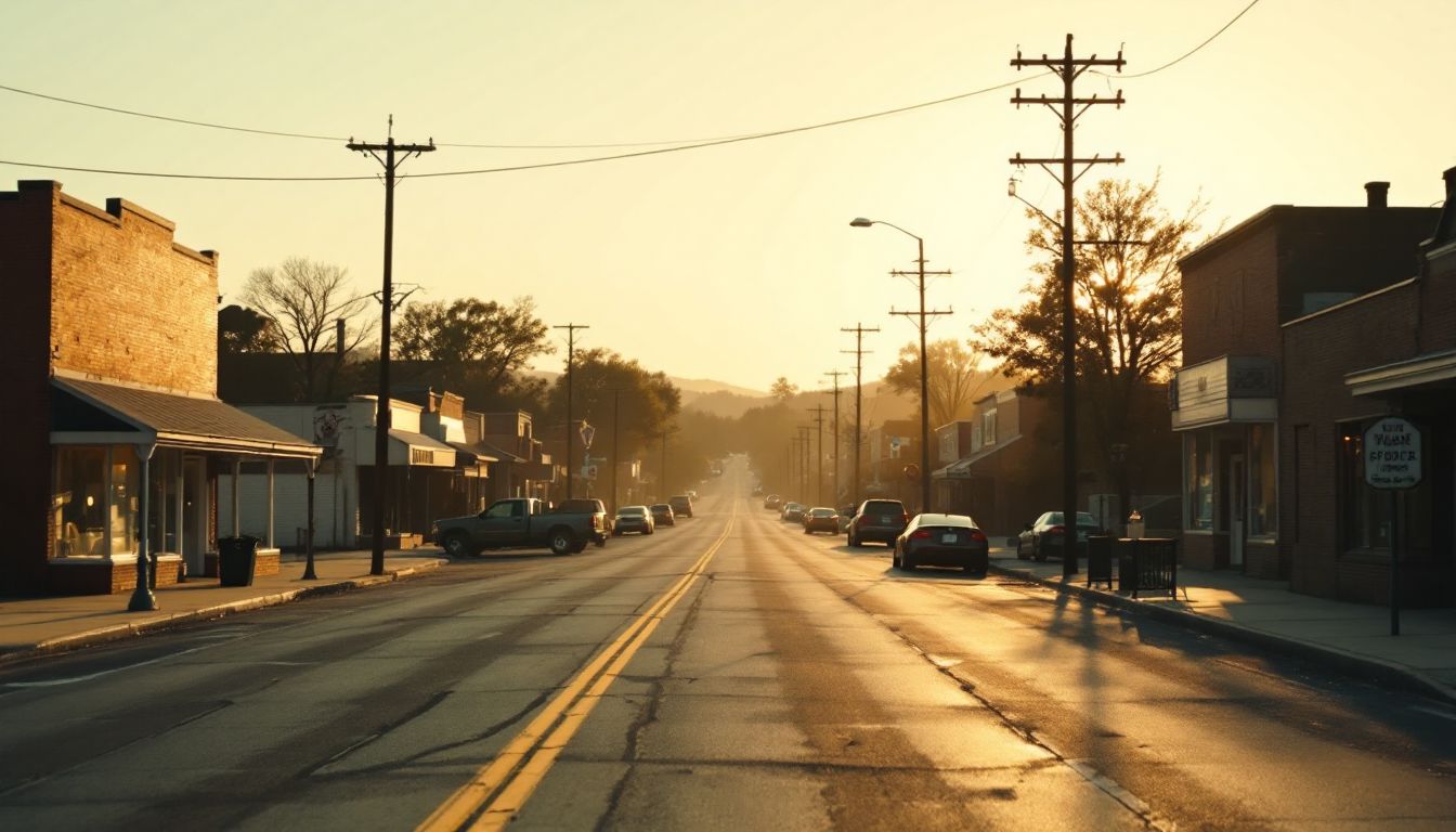 Classic American small-town backlot street at golden hour