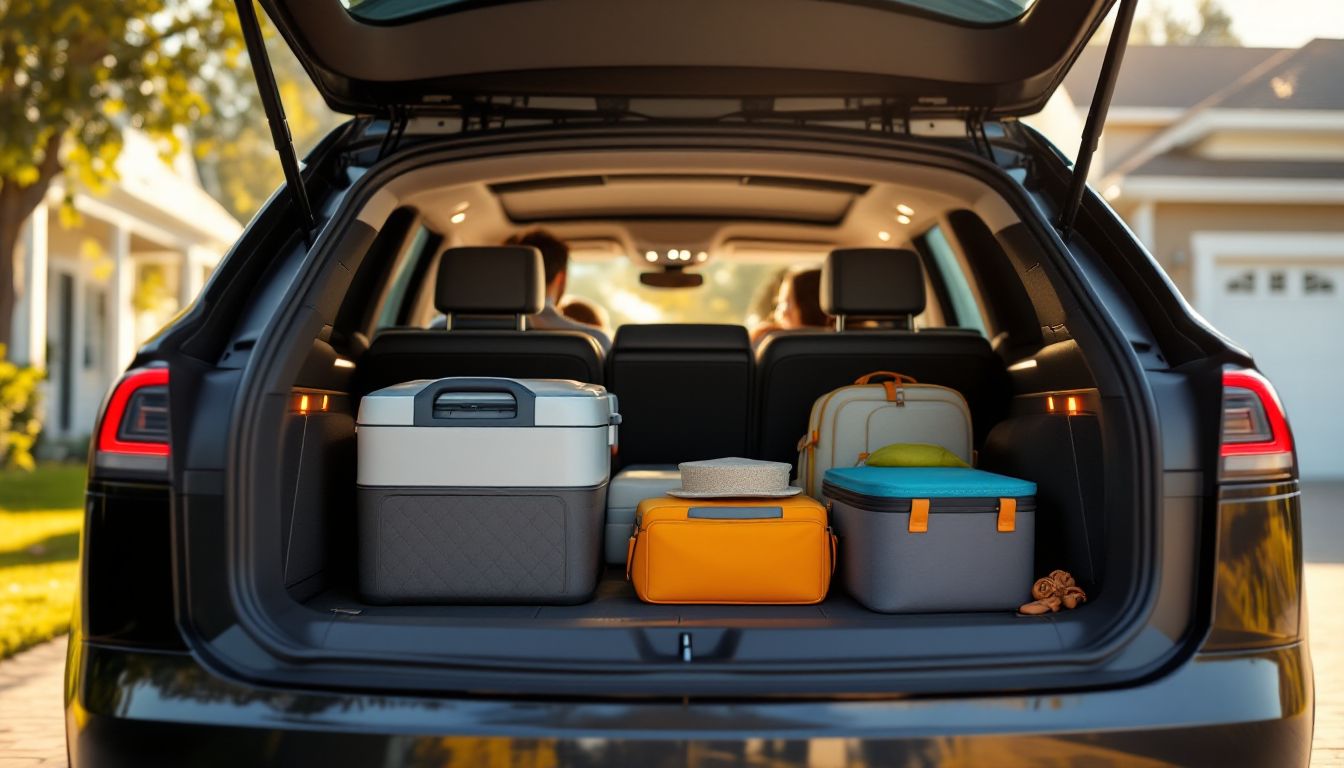 Spacious cargo area of a modern electric SUV loaded with travel gear