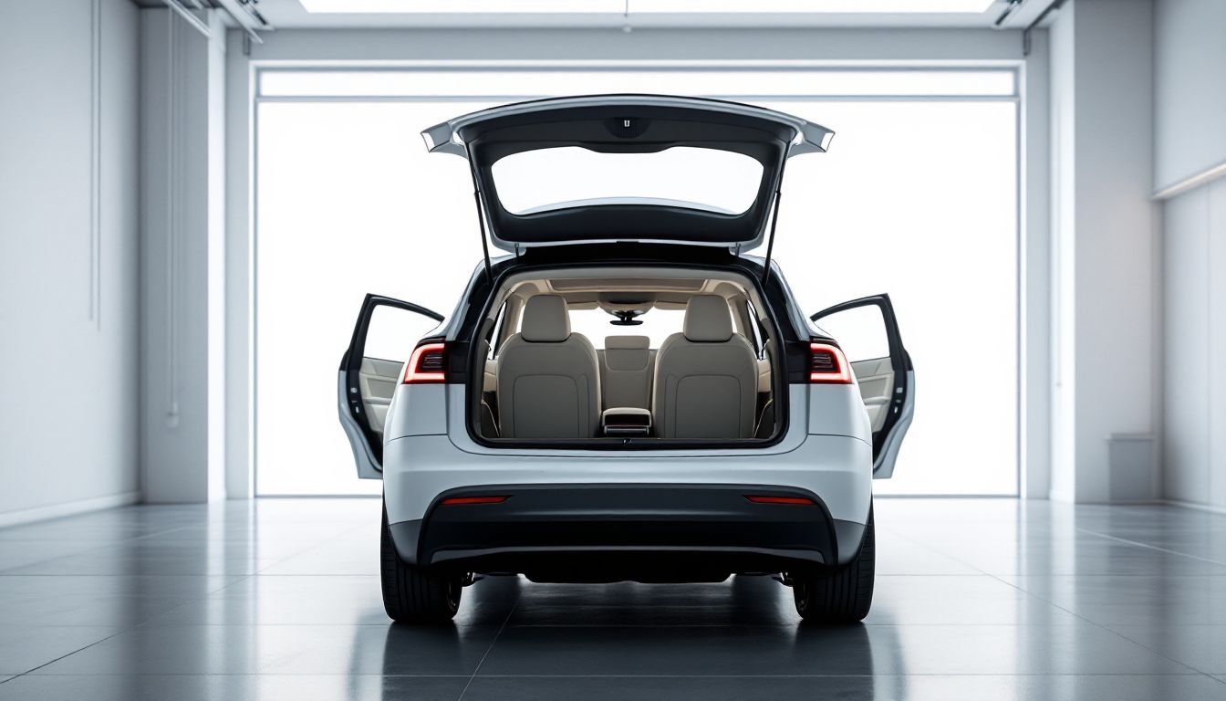 Interior view of a modern electric SUV with rear hatch open and doors ajar