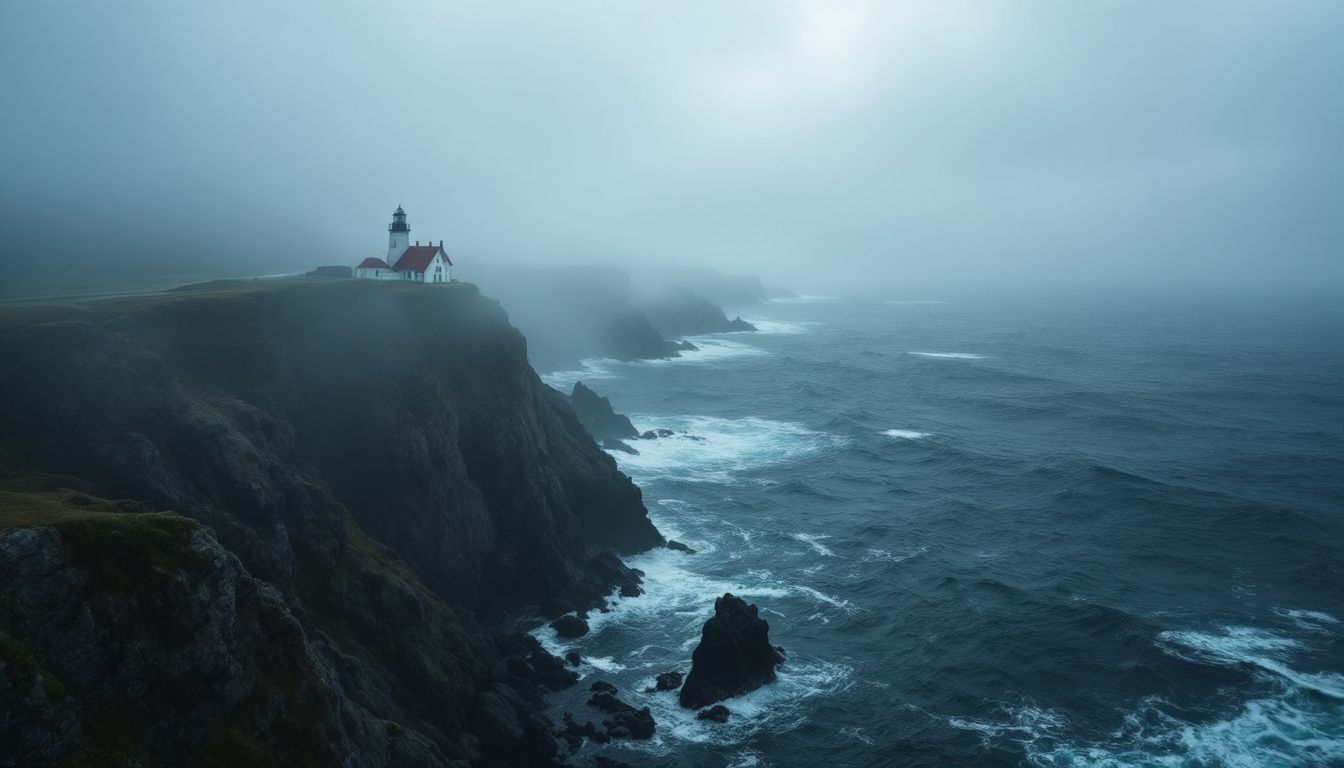 Foggy Pacific cliffs and distant lighthouse
