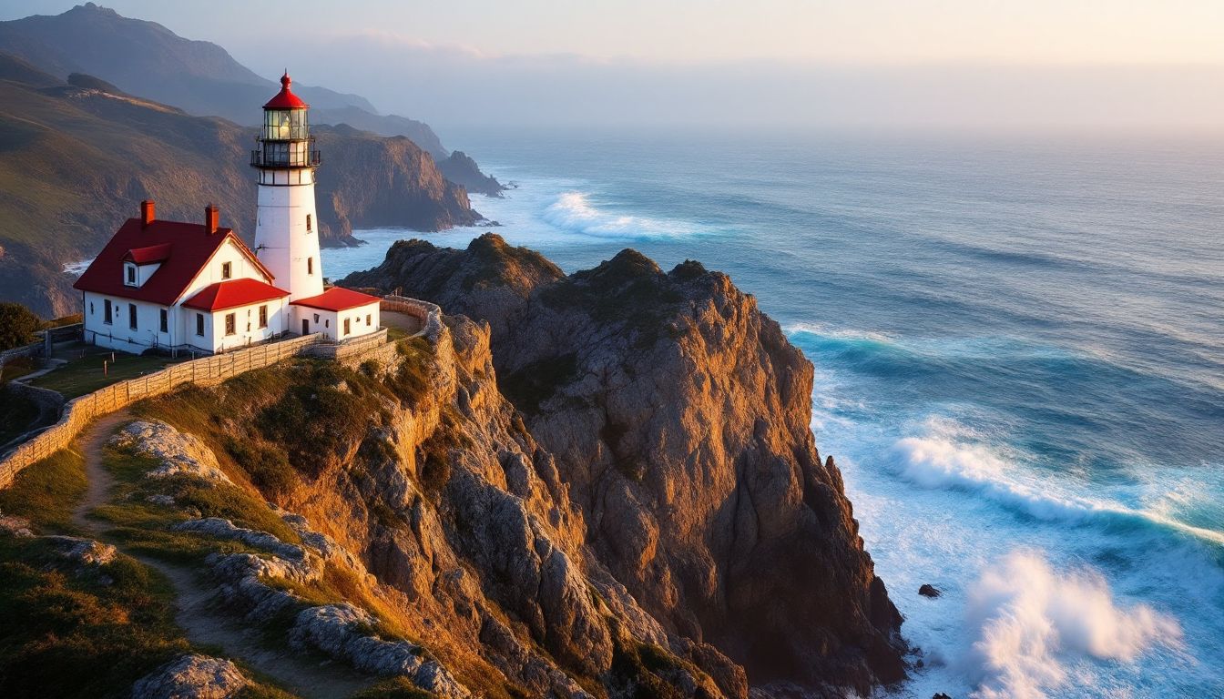 Historic white lighthouse with red roof above the Pacific