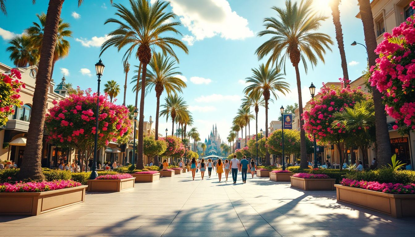 Southern California sunny outdoor promenade with palm trees and blue sky