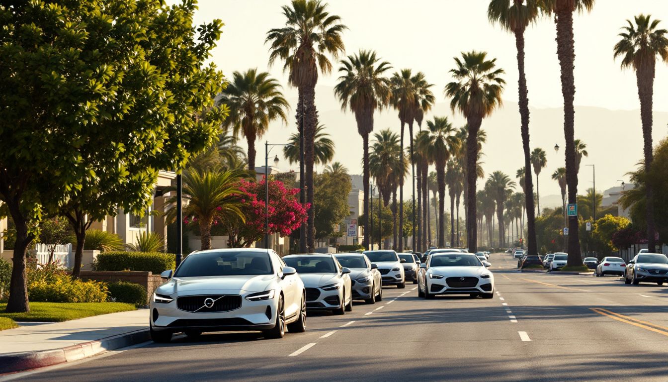 Palm-lined Los Angeles residential street with modern cars parked curbside