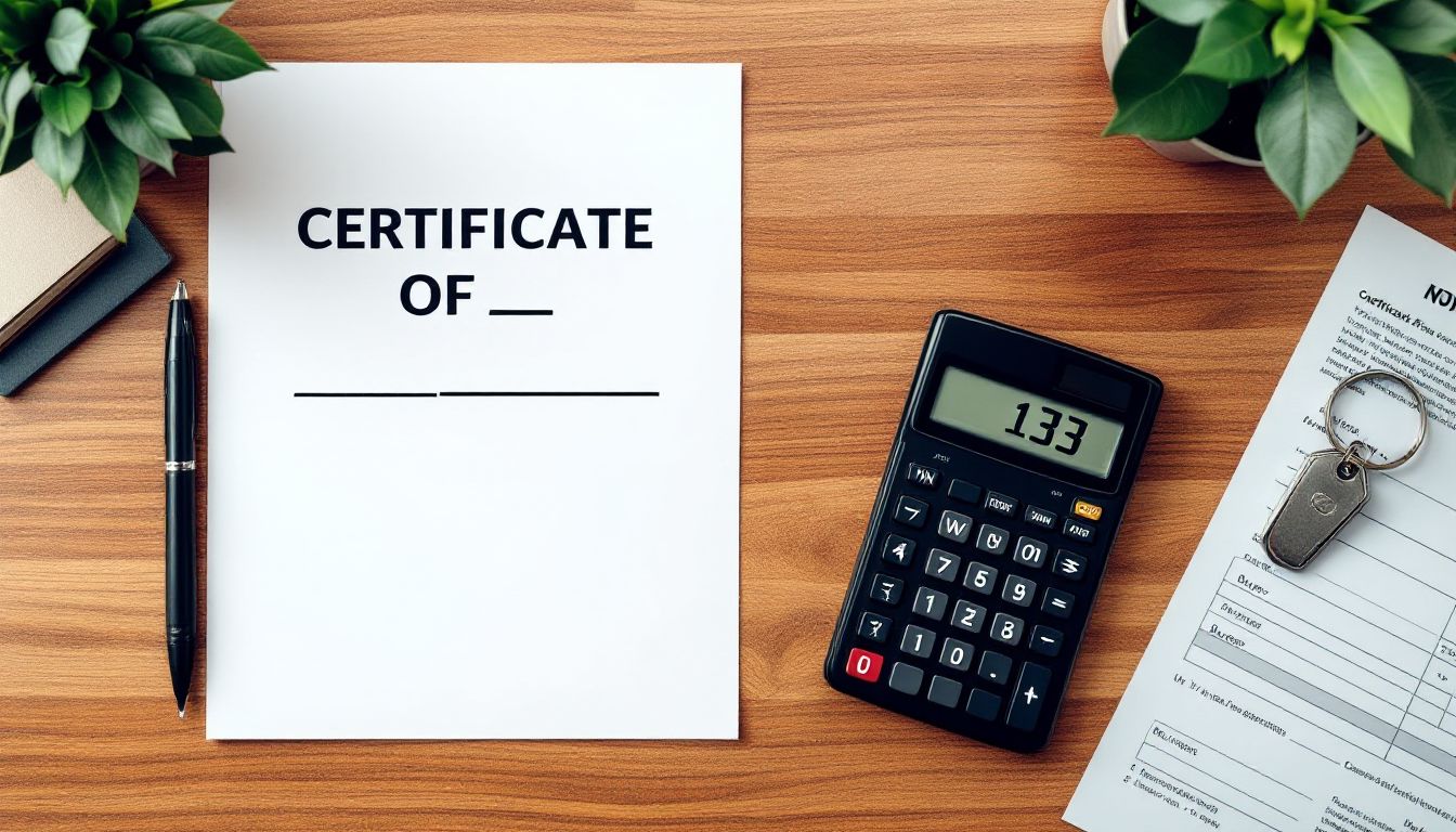 Overhead flat-lay of car title paperwork, calculator, pen, and keys on a wooden desk
