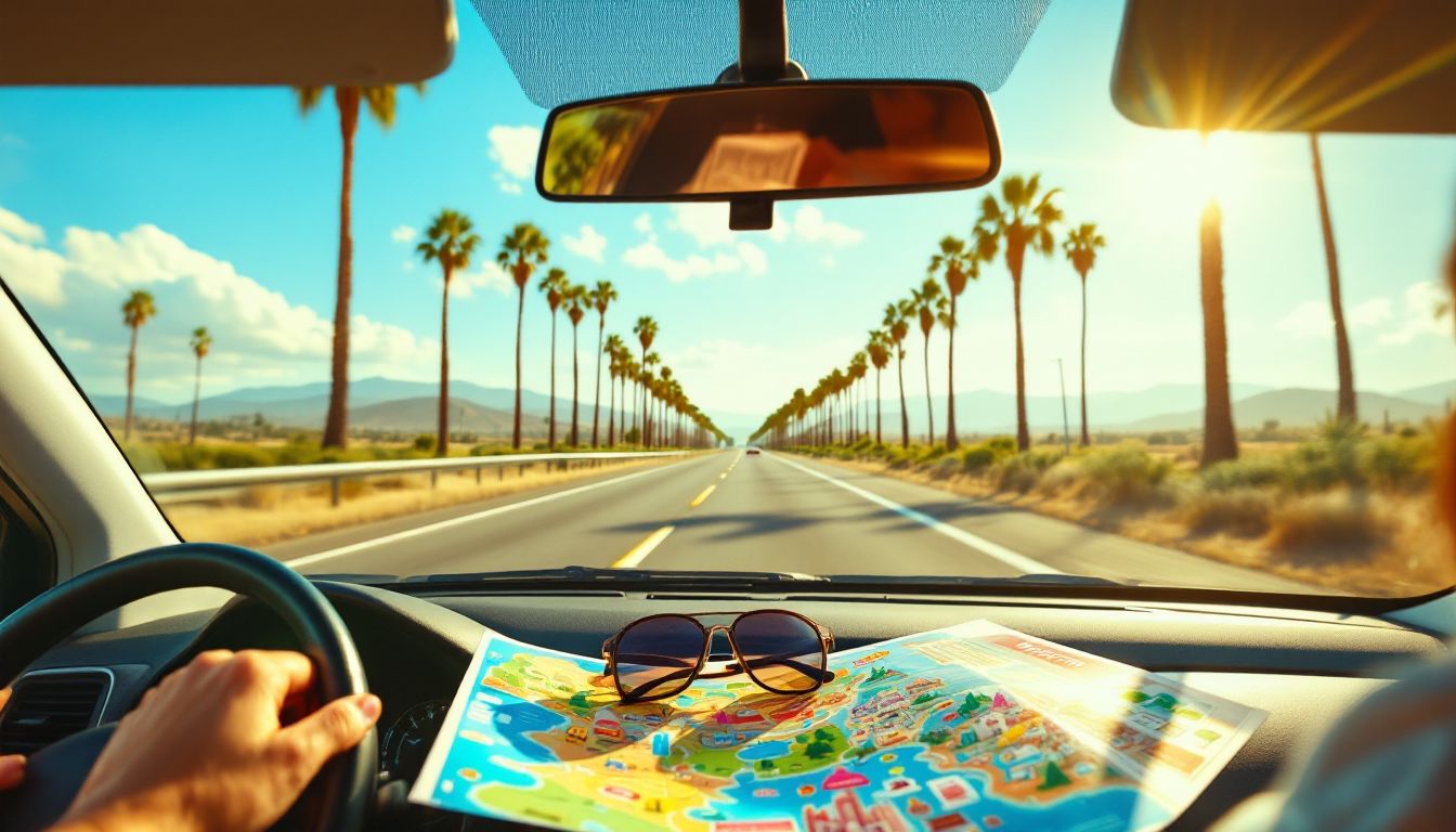 Road-trip view from inside a car with California palm trees and sunny highway
