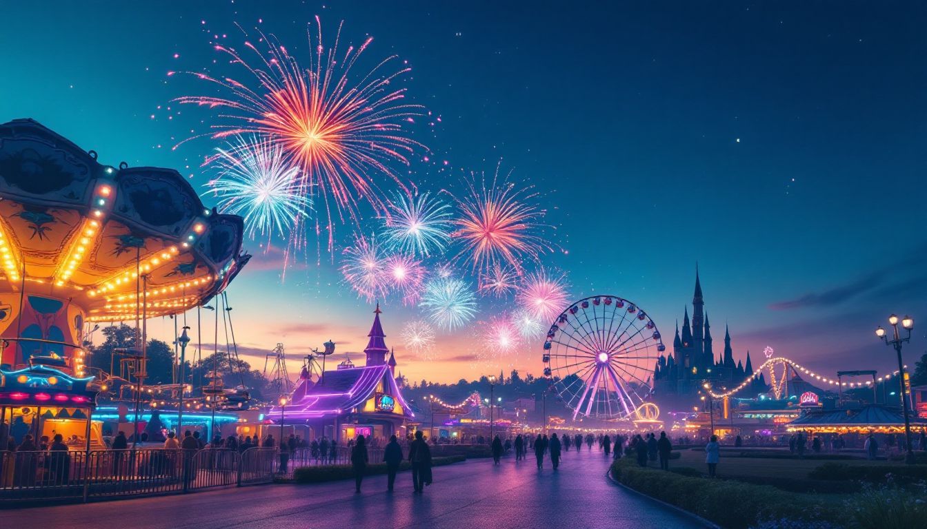Magical amusement park at twilight with colorful lights and fireworks