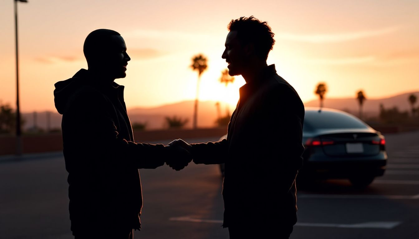 Silhouette handshake closing a car deal at golden hour in a California parking lot
