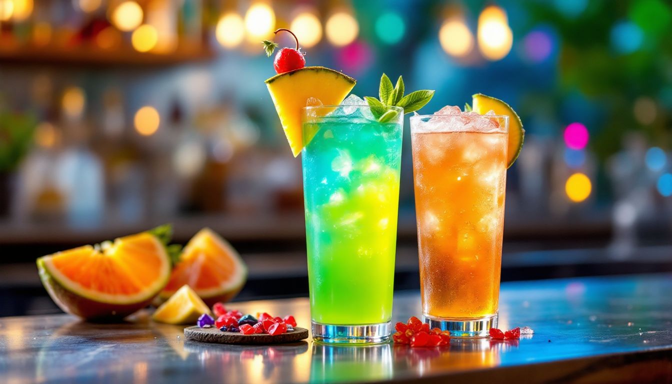 Colorful tropical mocktails on a bar counter