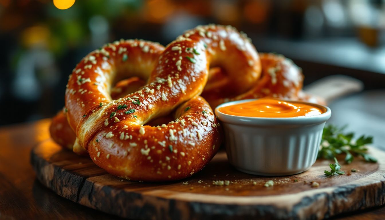 Garlic cheese pretzel with melted cheese sauce