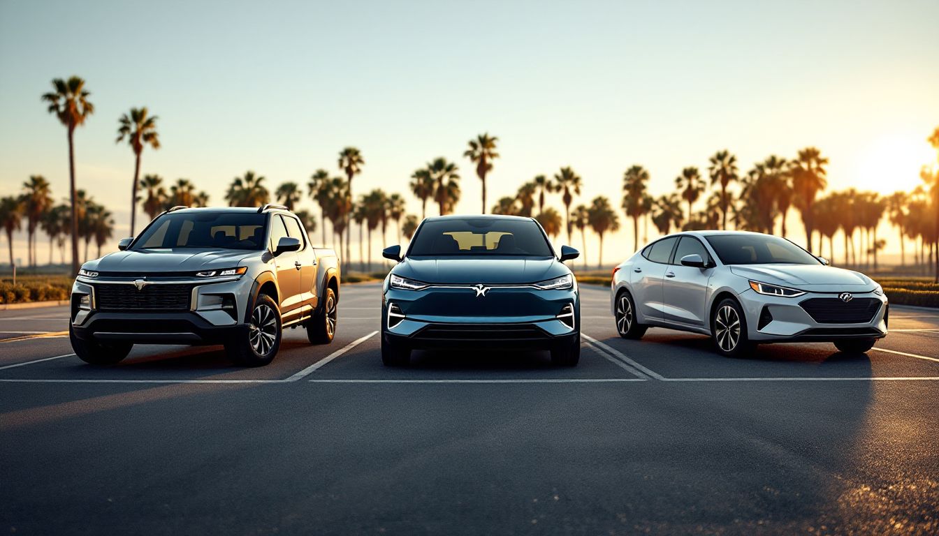 Pickup, EV, and hybrid sedan parked side by side