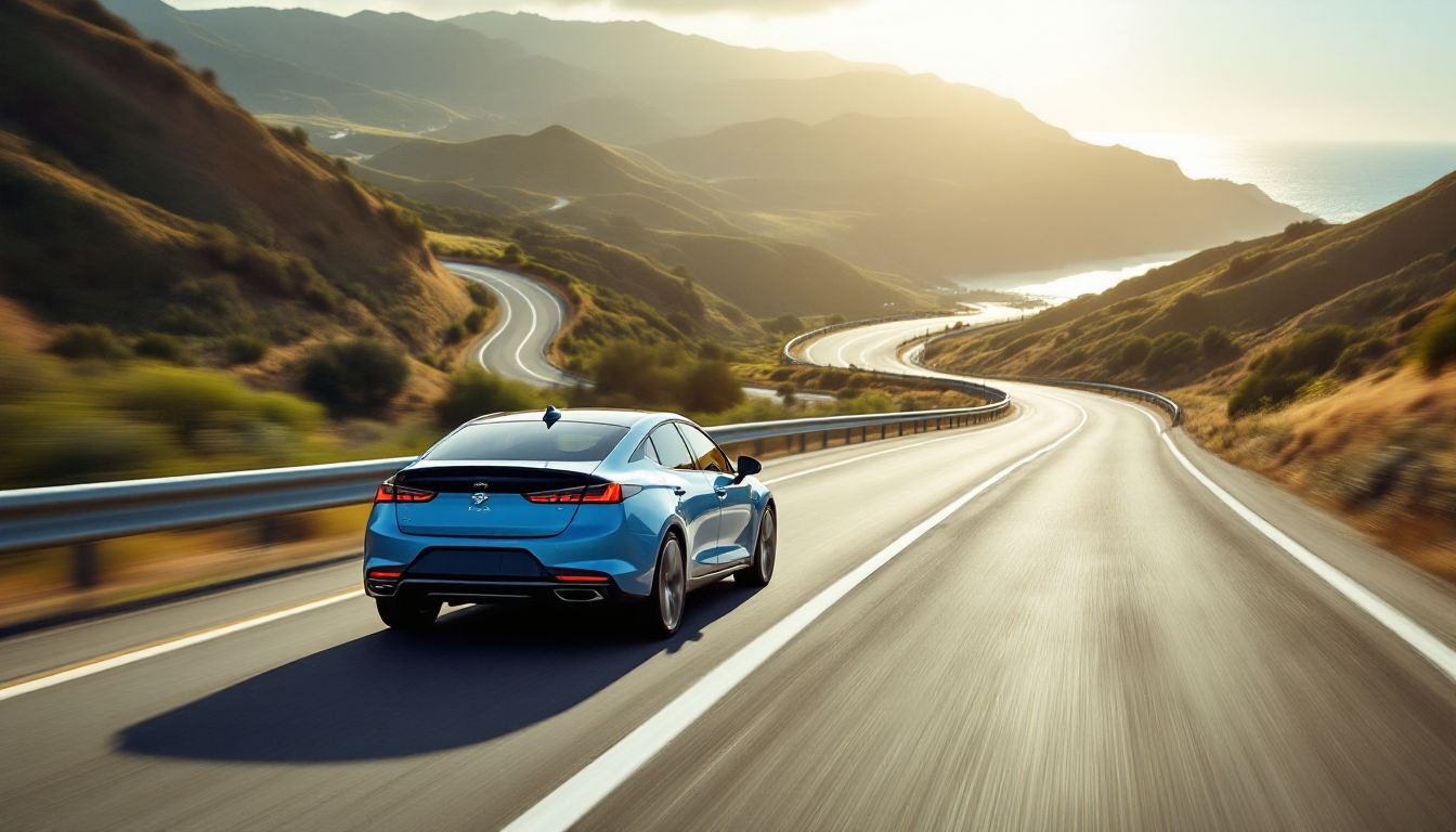 Hybrid sedan on a California coastal highway