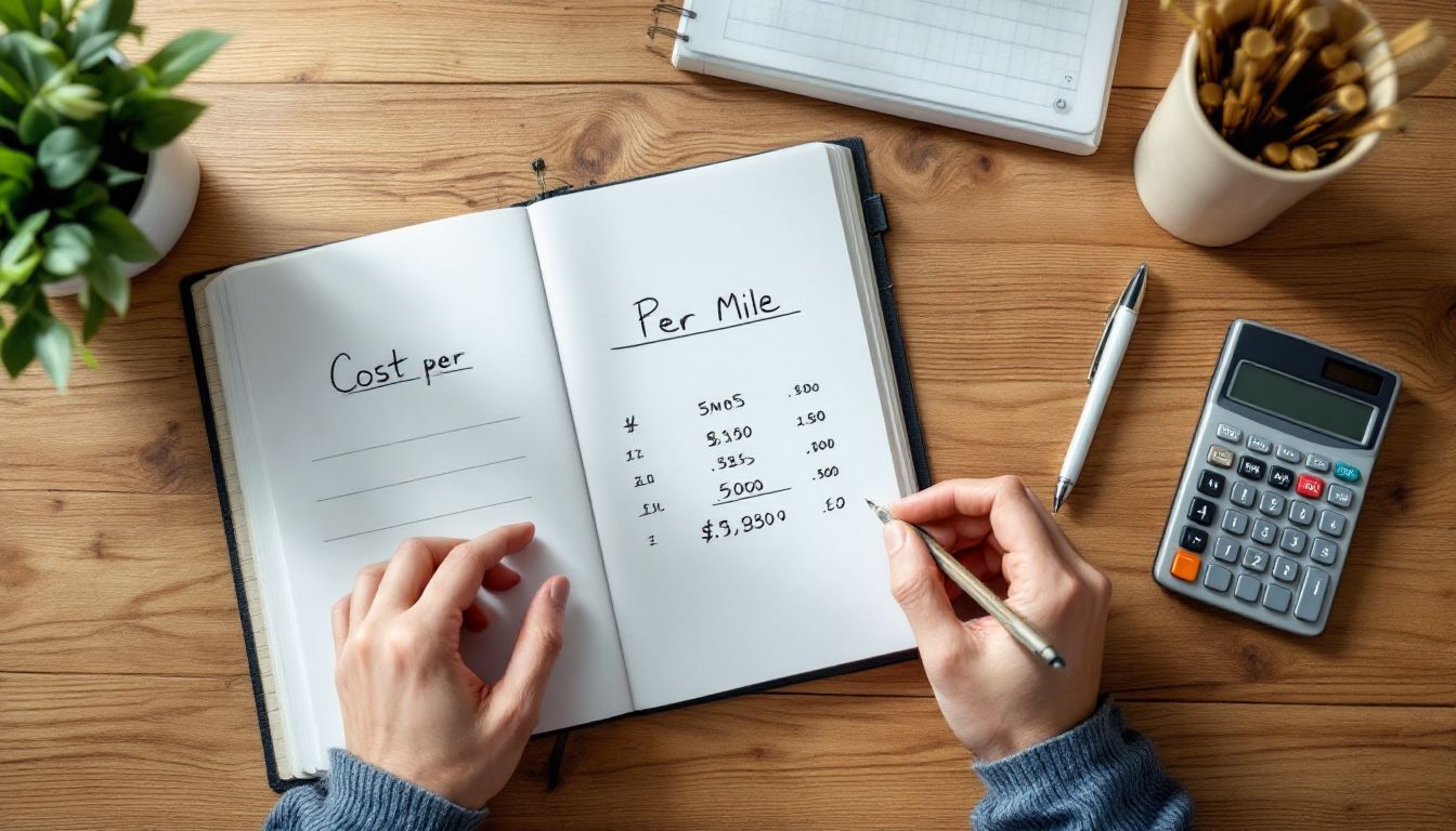 Notebook with cost-per-mile calculations and calculator