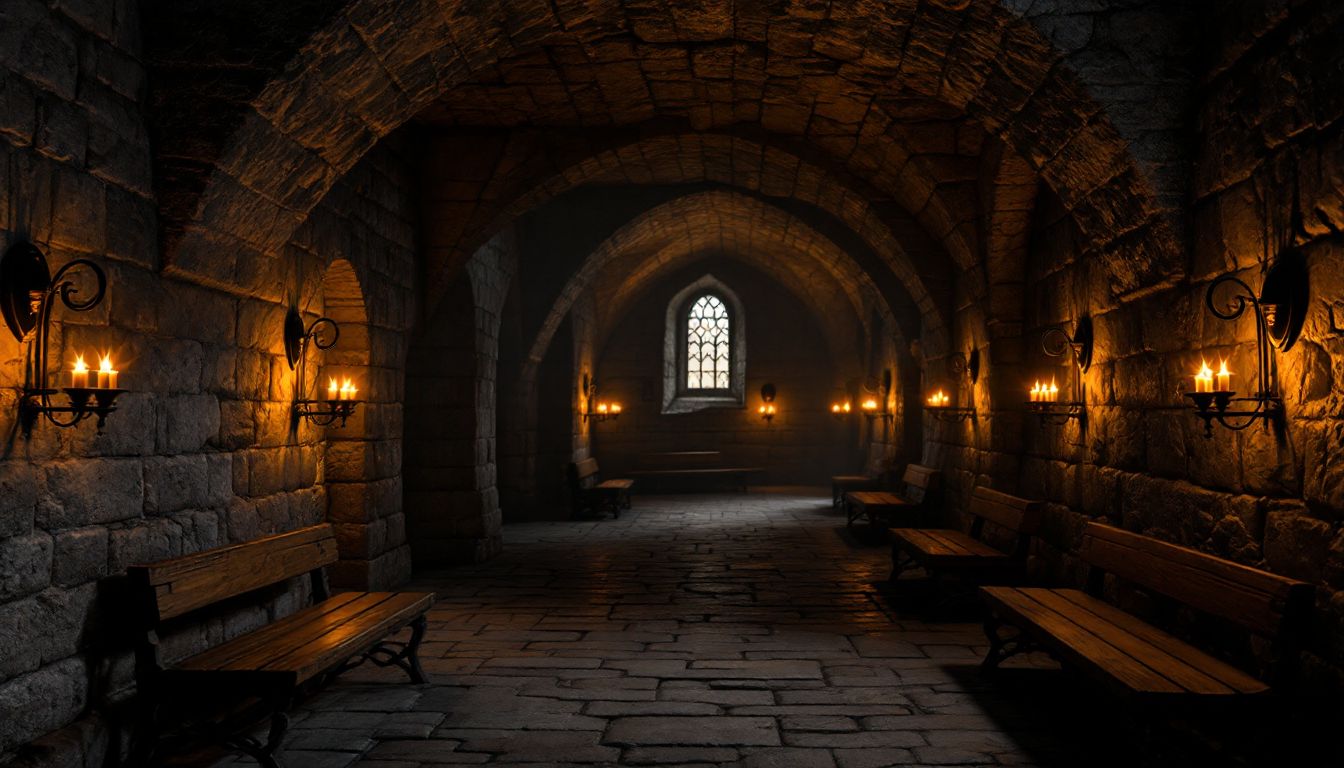 Mysterious candle-lit stone castle corridor interior
