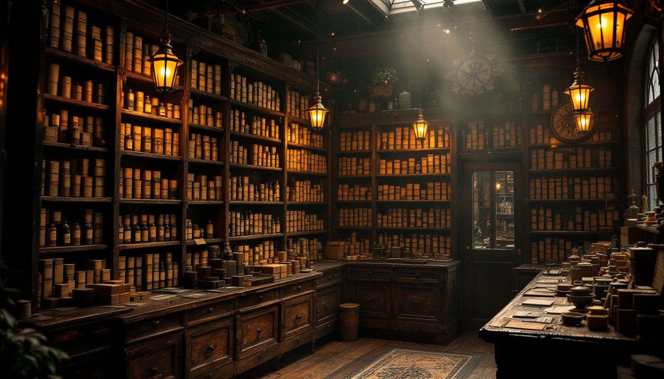 Vintage shop interior with floor-to-ceiling wooden box shelves