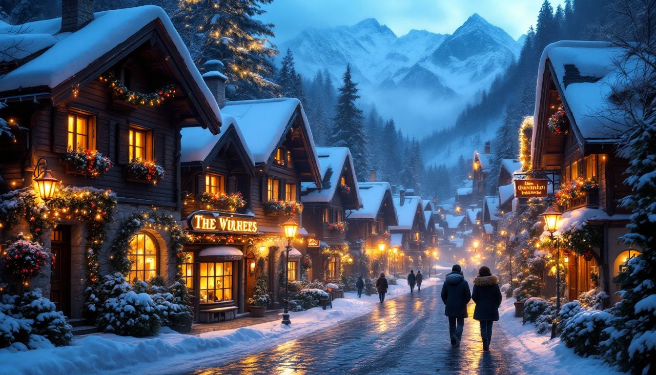 Snow-covered theme park village street at twilight