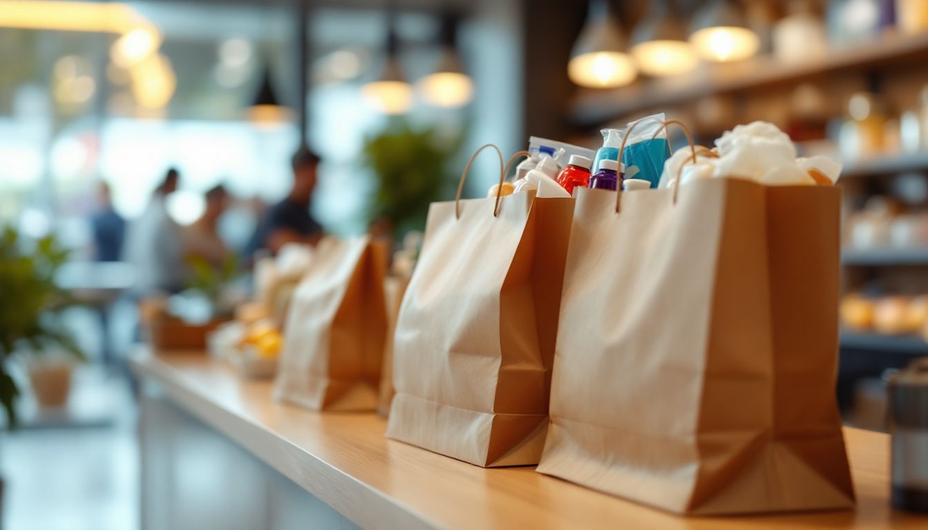 Shopping bags on a checkout counter