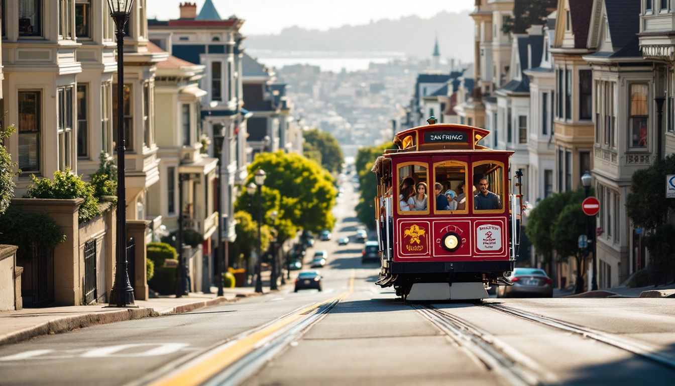 Classic San Francisco cable car climbing a hill