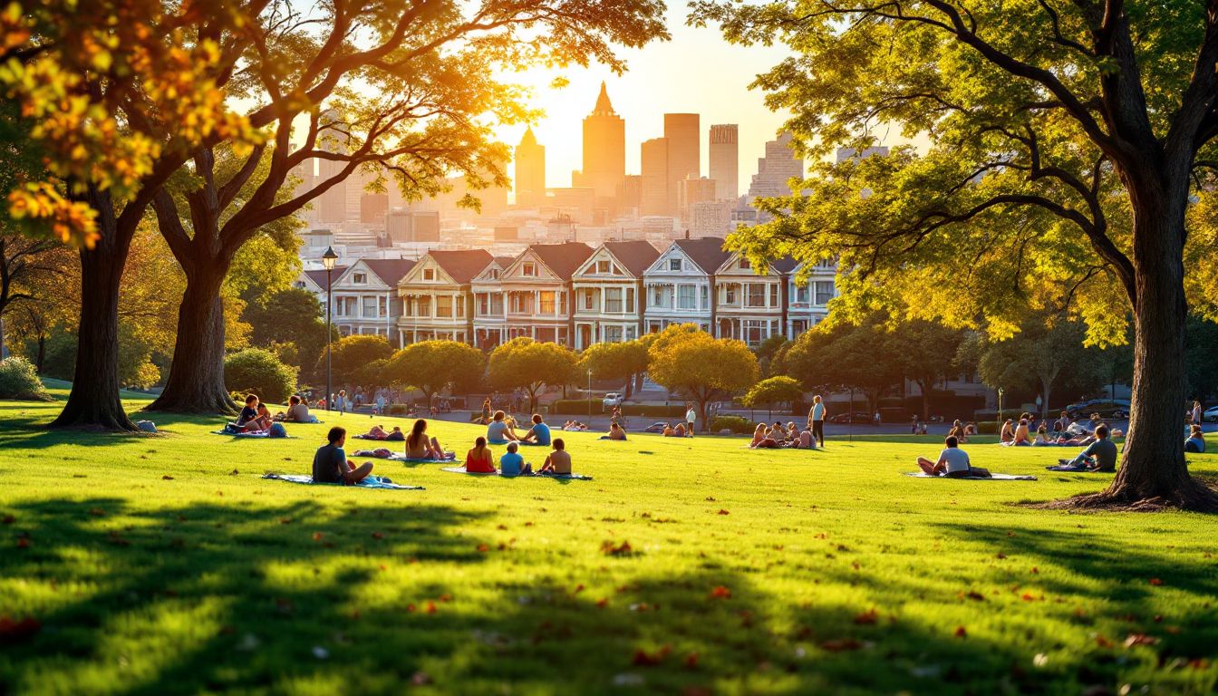 Alamo Square Park with Victorian row houses and downtown skyline