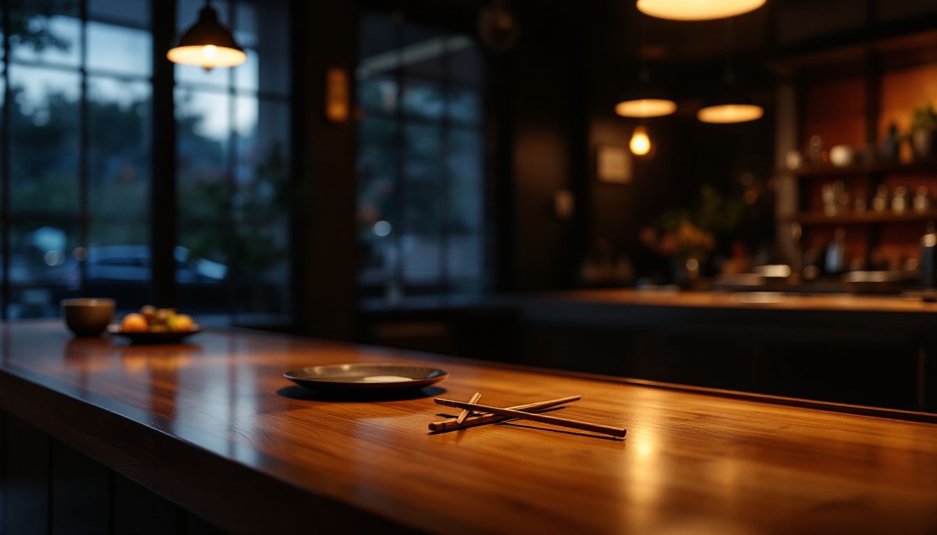 Dimly lit traditional sushi bar counter