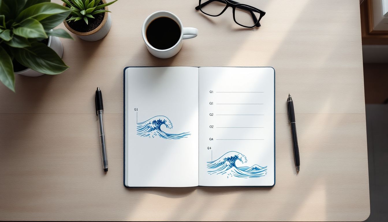 Business strategy notebook with ocean waves