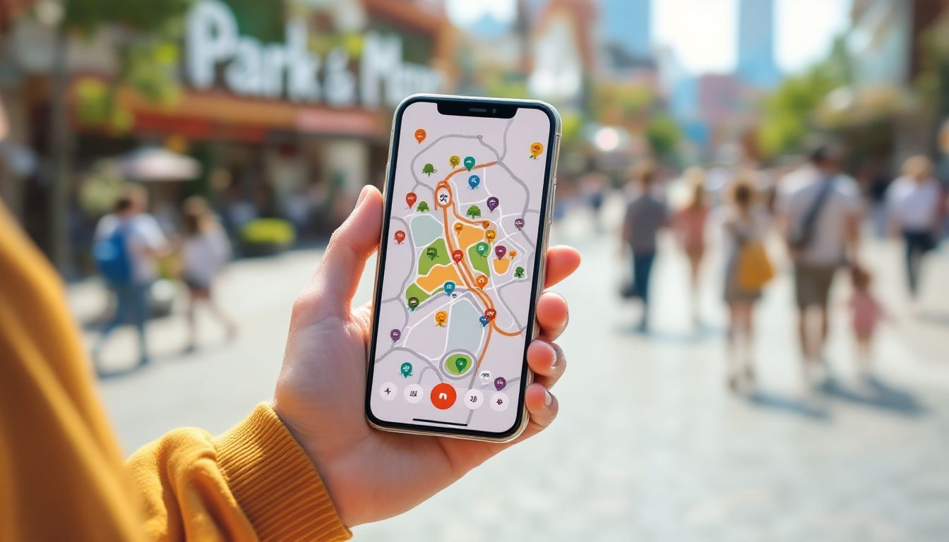 Checking a park map app on a phone