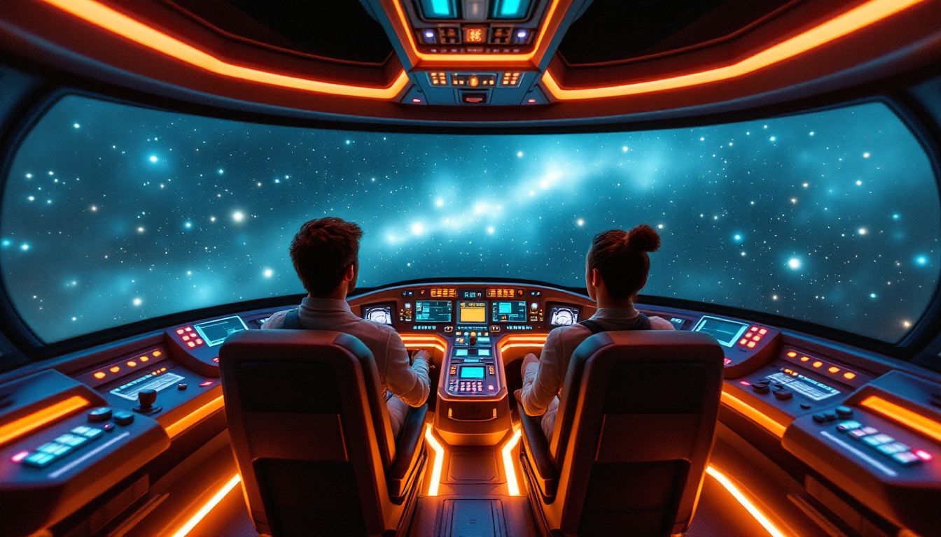 Inside a futuristic flight-simulator ride