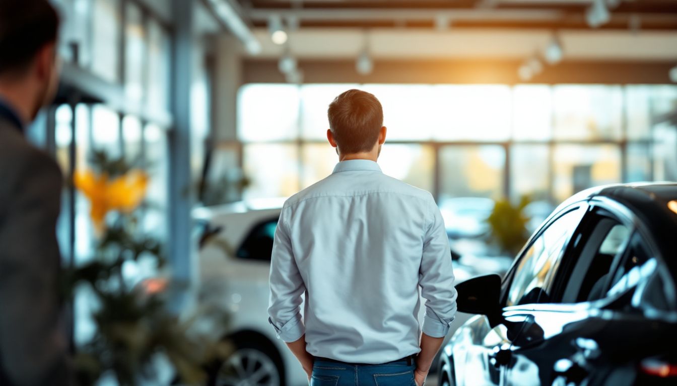 Salesperson and customer talking by a car