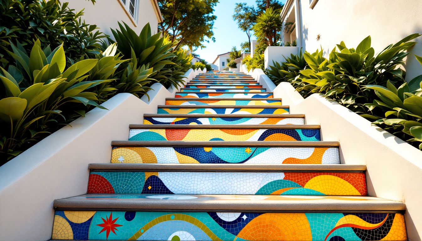 Colorful mosaic tiled stairway seen from below