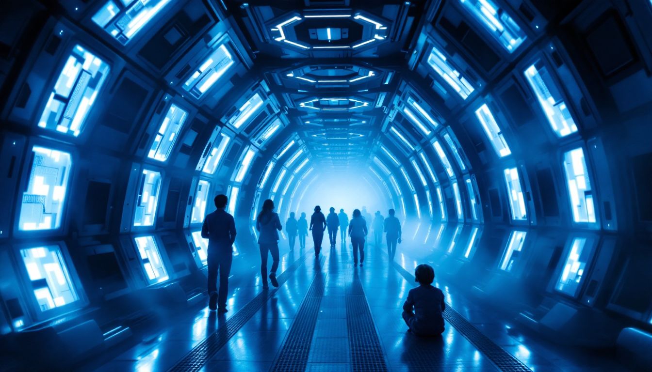 Immersive sci-fi dark ride corridor with glowing blue lights