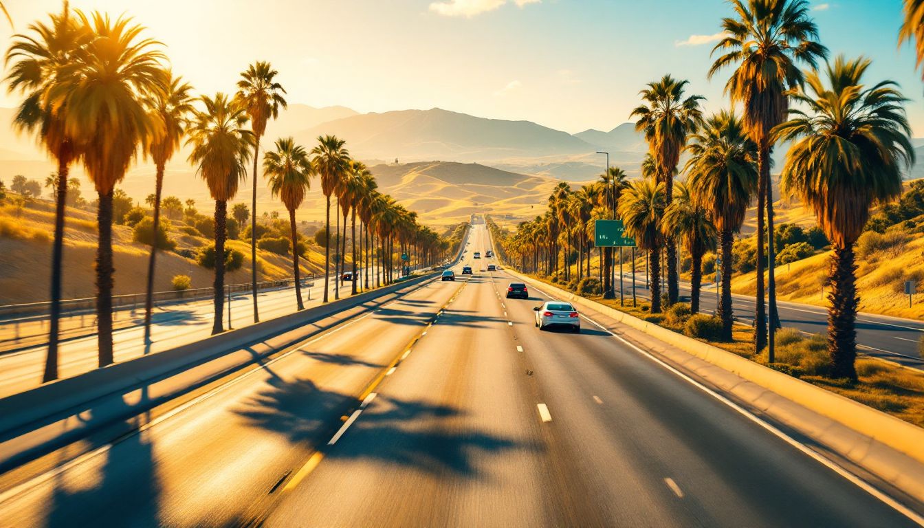 Sunny Southern California freeway road trip toward the park
