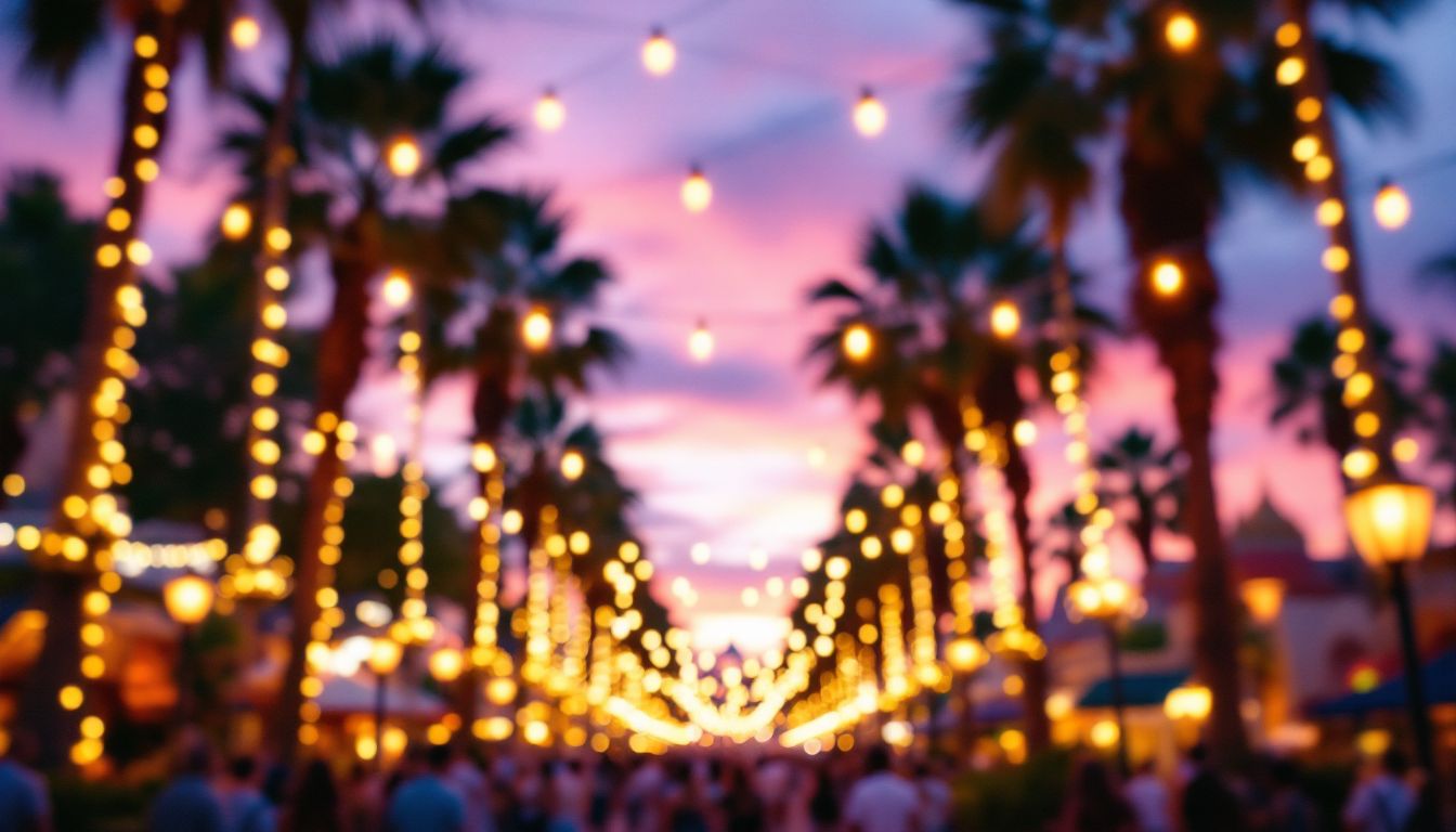 Theme park walkway glowing with string lights at dusk