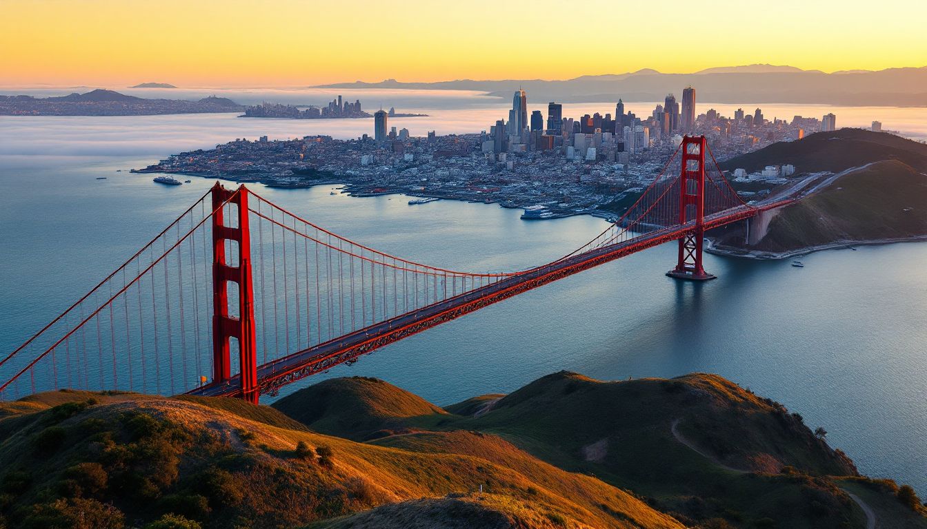 San Francisco skyline and Golden Gate Bridge at sunset