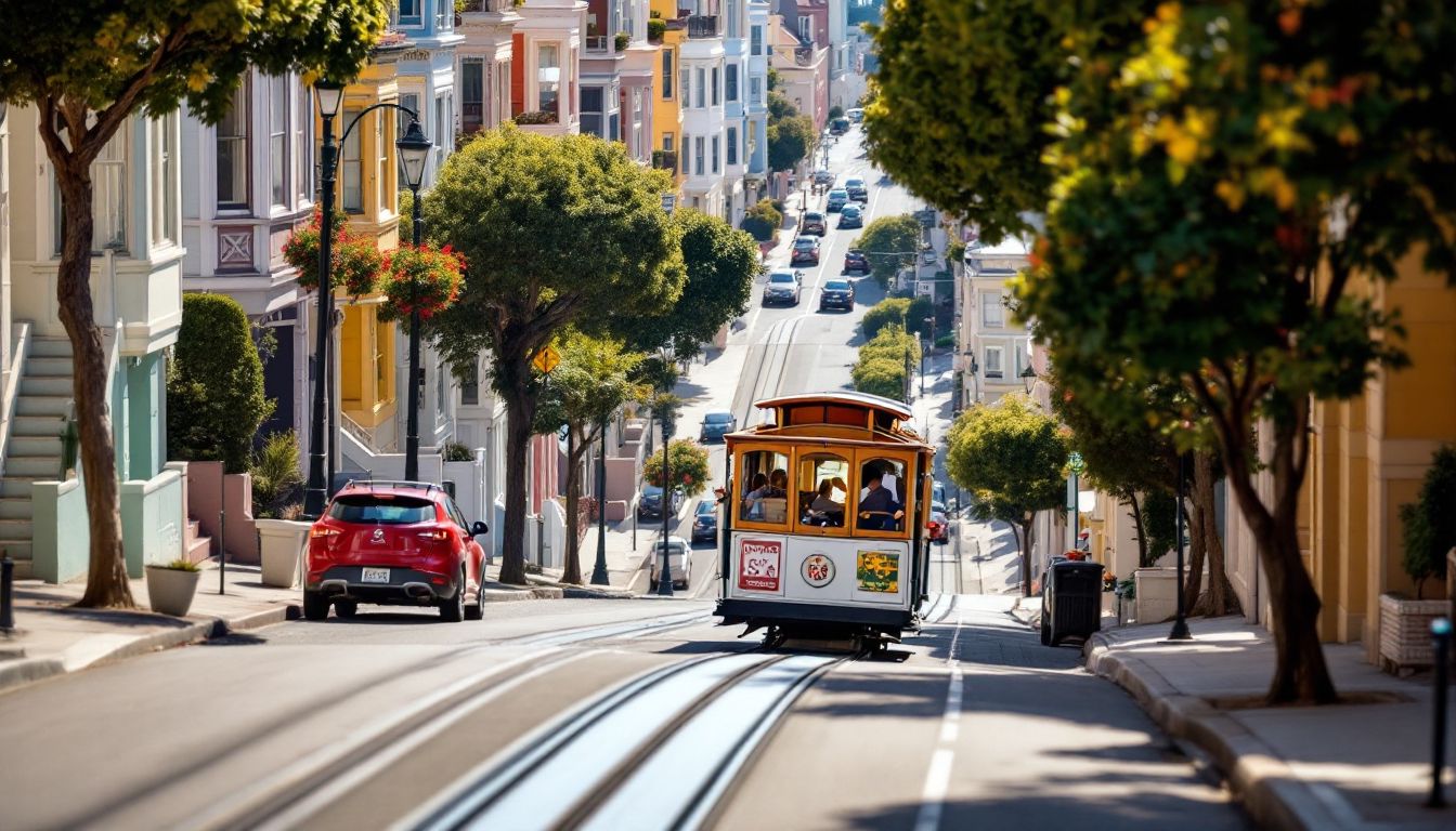 San Francisco cable car on a steep hilly street