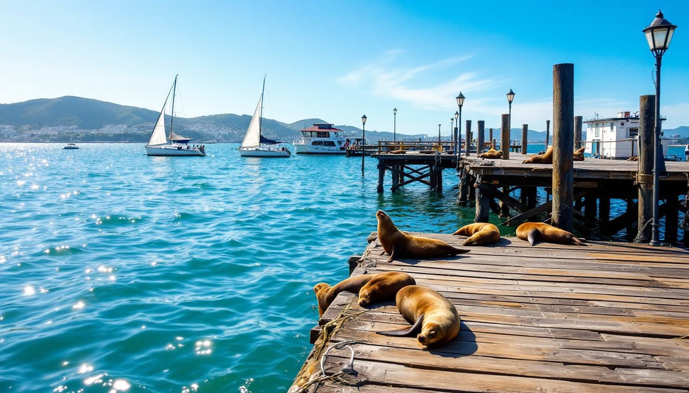San Francisco bay waterfront with pier and sea lions